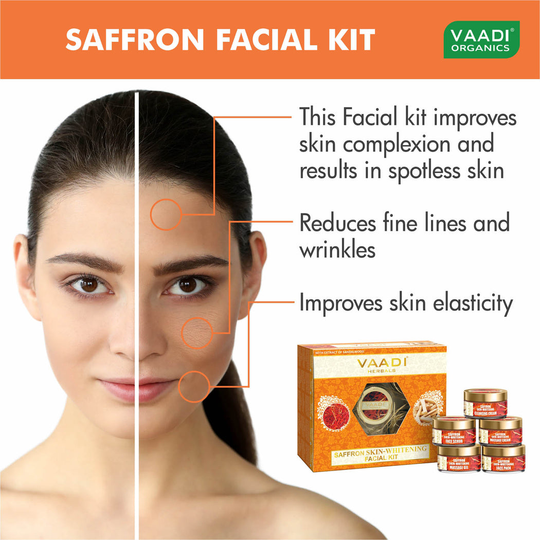 Skin Whitening Organic Saffron Facial Kit with Sandalwood oil, Orange Peel, Lemongrass & Shea Butter - Lightens Skin Tone (270 gms/9.6 oz)