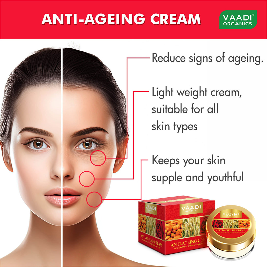 Organic Anti Ageing Cream with Almond, Wheatgerm - Boosts Collagen & Delays Wrinkles - Keeps Skin Soft & Youthful (3 x 30 gms /1.1 oz)