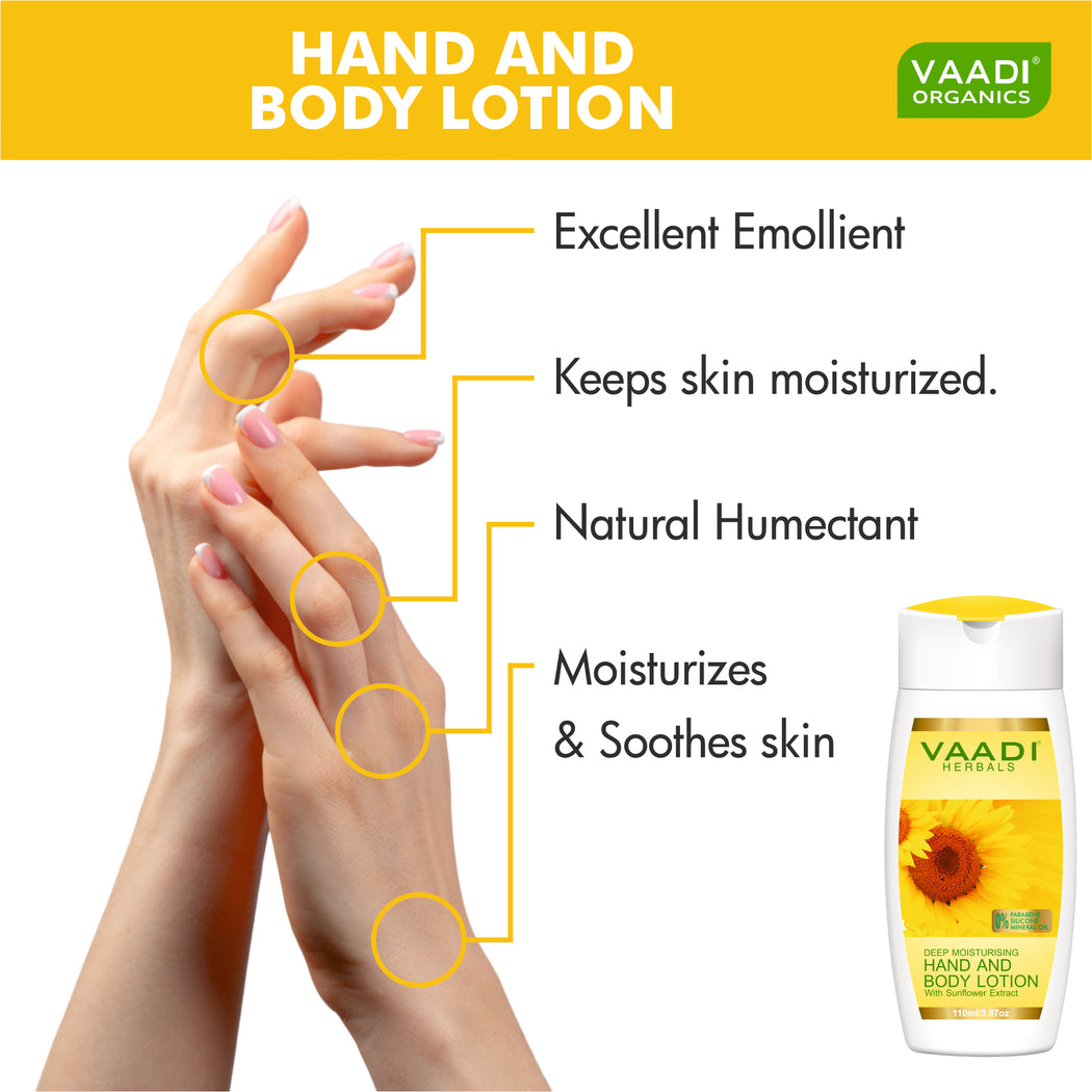 Organic Hand & Body Lotion with Sunflower Extract - Enhances Water Retention in Skin - Keeps Skin Soft (110 ml/4 fl oz)