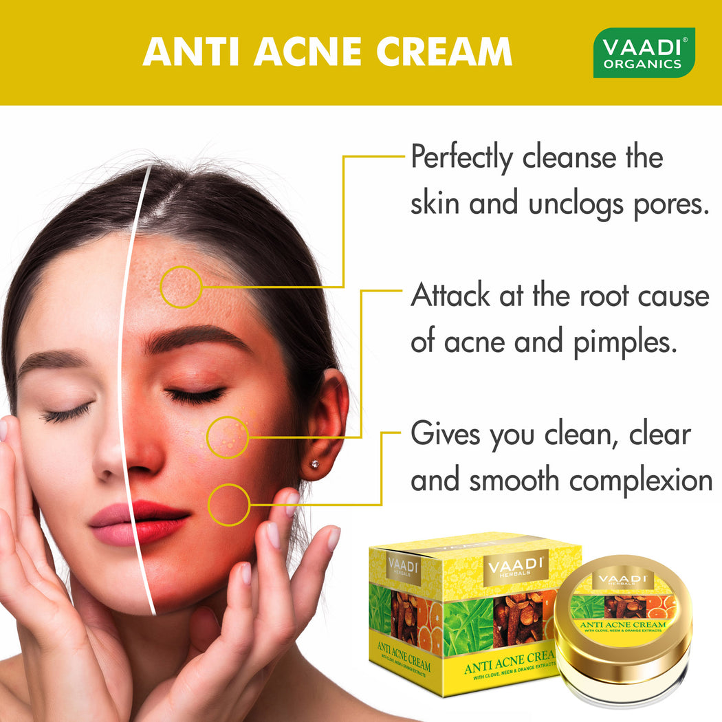 Anti Acne Organic Cream with Clove Oil & Neem Extract - Anti Bacterial Therapy - Controls Excess Oil - Prevents Acne (3 x 30 gms / 1.1 oz)