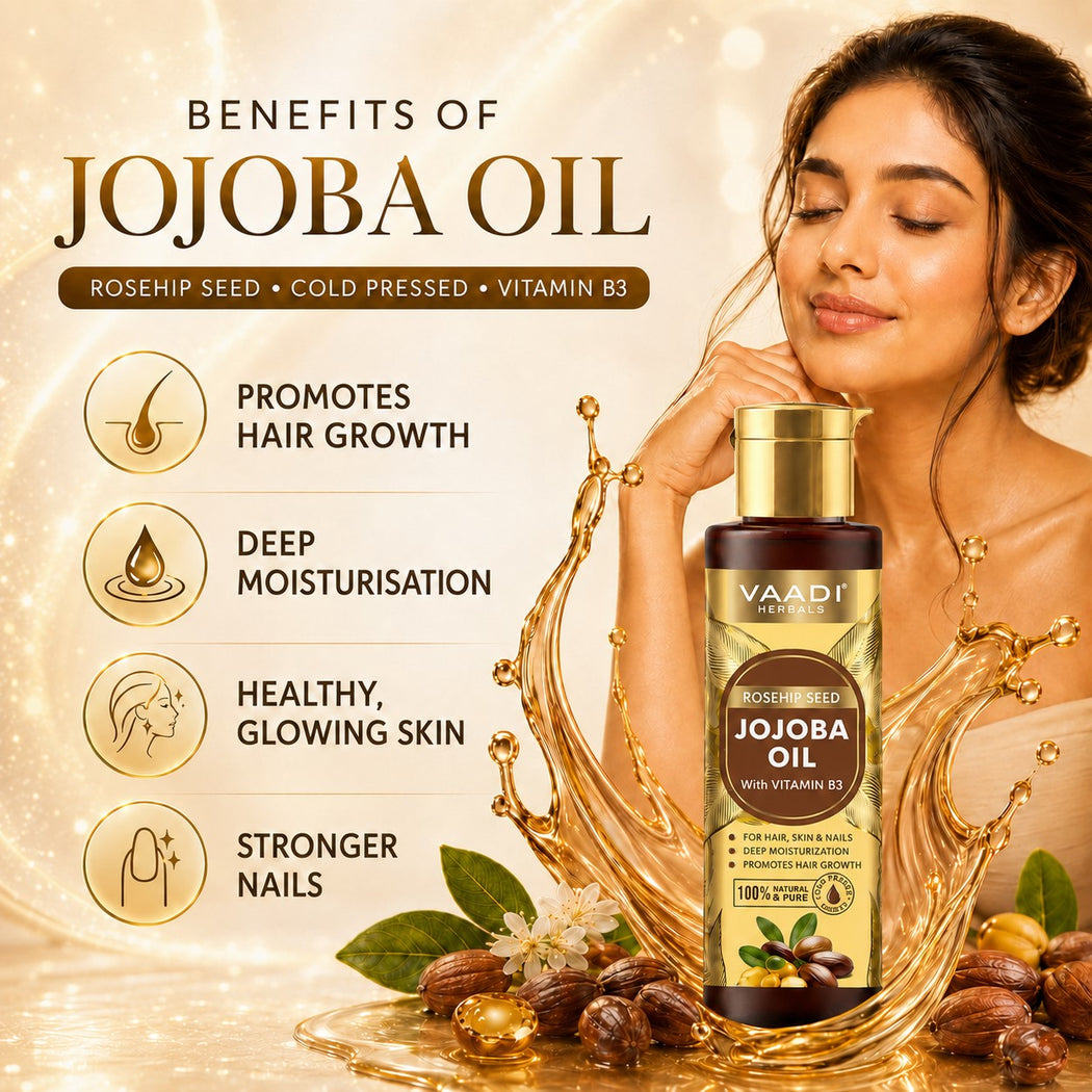 Organic Rosehip Seed Jojoba Oil with Vitamin B3 - For Hair, Skin & Nails - Jojoba Oil Promotes Hair Growth - Skin Moisturisation - Anti Hair fall - For All Types of Skin & Hair - Cold Pressed (120 ml / 4.05 oz)
