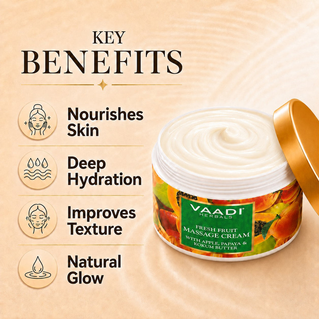 Organic Fresh Fruit Massage Cream with Apple, Papaya & Kokum Butter - Deep Nourishes - Enhances Complexion (500 gms / 17.7 oz)