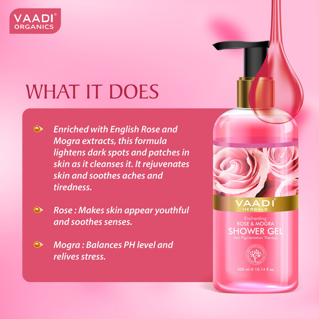 Enchanting Organic Rose & Mogra Shower Gel - Skin Brightening Therapy - Lightens Spots & Patches (3 x 300 ml / 10.2 fl oz)