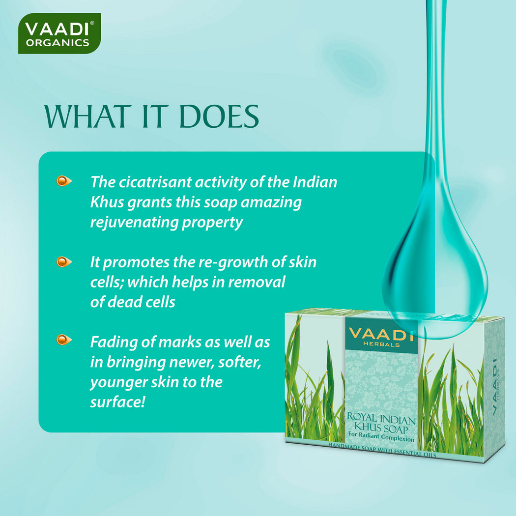 Royal India Organic Khus (Vetiver) Soap with Olive & Soyabean Oil - Rejuvenates Skin - Boosts Cellular Renewal ( 6 x 75 gms / 2.7 oz)