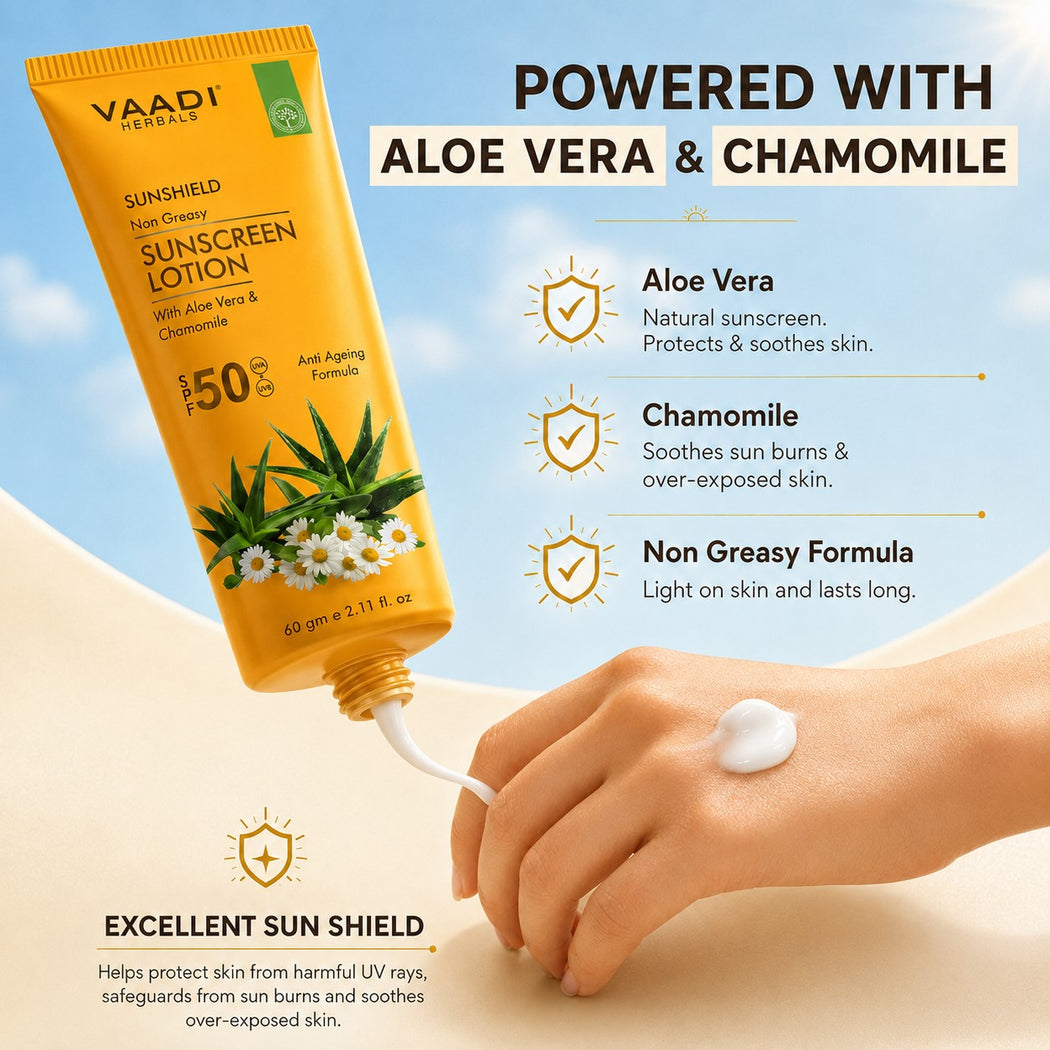 Organic Sunscreen Lotion SPF 50 with Aloe Vera & Chamomile - Non Greasy - Long Lasting - Soothes Burnt Skin (2 x 110 ml/ 4 fl oz)