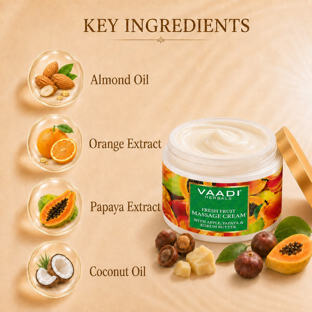 Organic Fresh Fruit Massage Cream with Apple, Papaya & Kokum Butter - Deep Nourishes - Enhances Complexion (500 gms / 17.7 oz)