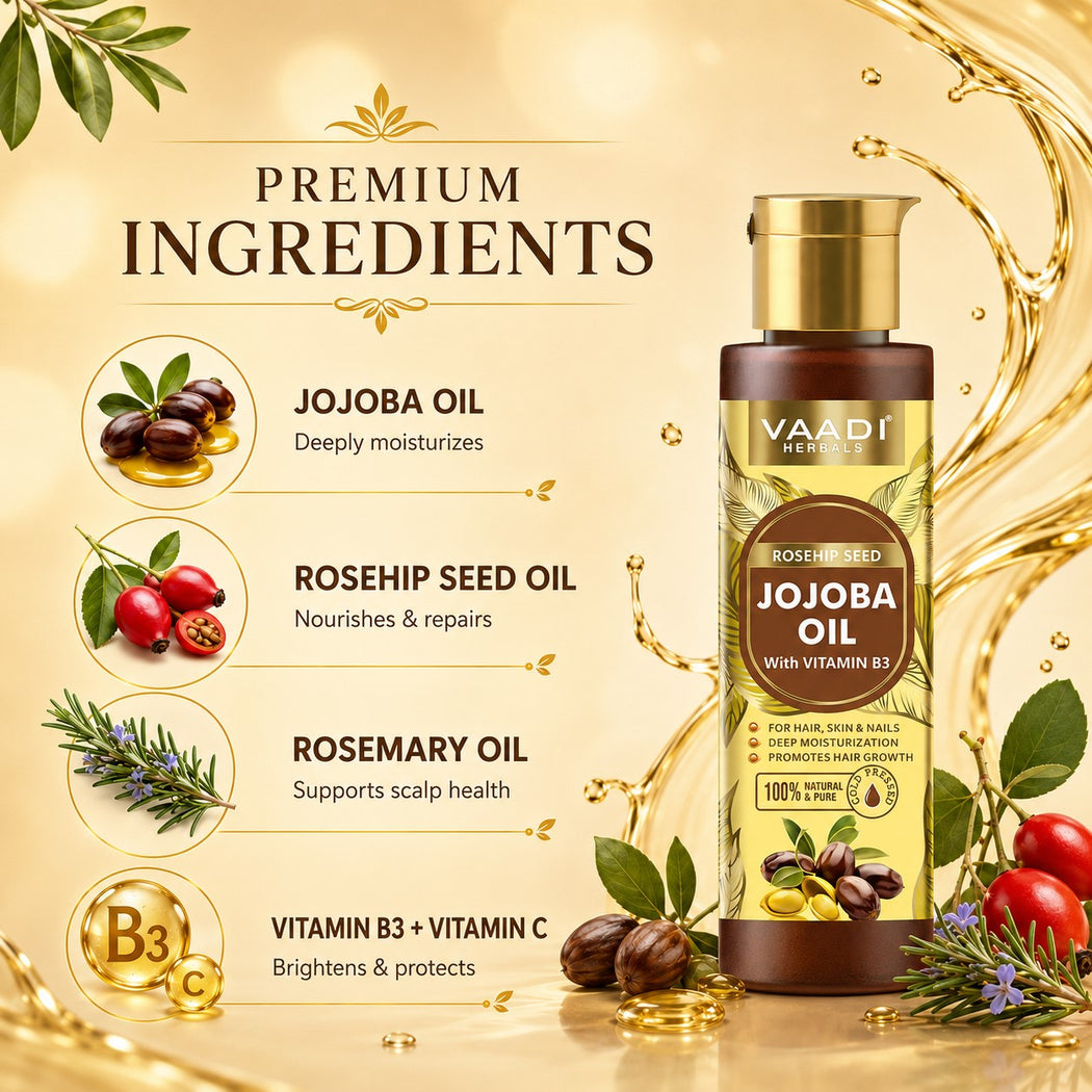 Organic Rosehip Seed Jojoba Oil with Vitamin B3 - For Hair, Skin & Nails - Jojoba Oil Promotes Hair Growth - Skin Moisturisation - Anti Hair fall - For All Types of Skin & Hair - Cold Pressed (120 ml / 4.05 oz)
