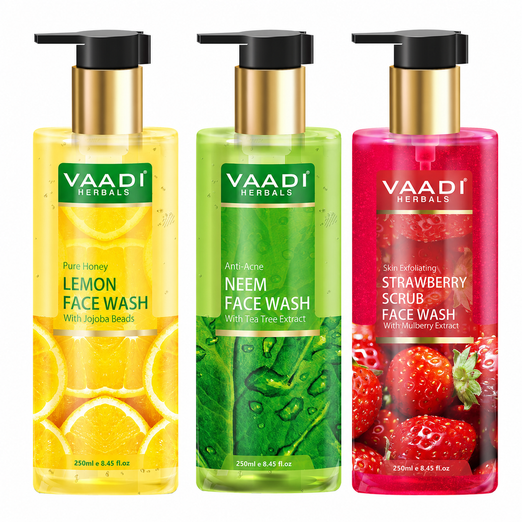 Pack of 3 Luxurious Face Wash - Anti-Acne Neem, Strawberry Scrub & Pure Honey Lemon (3 x 250 ml / 8.5 fl oz)