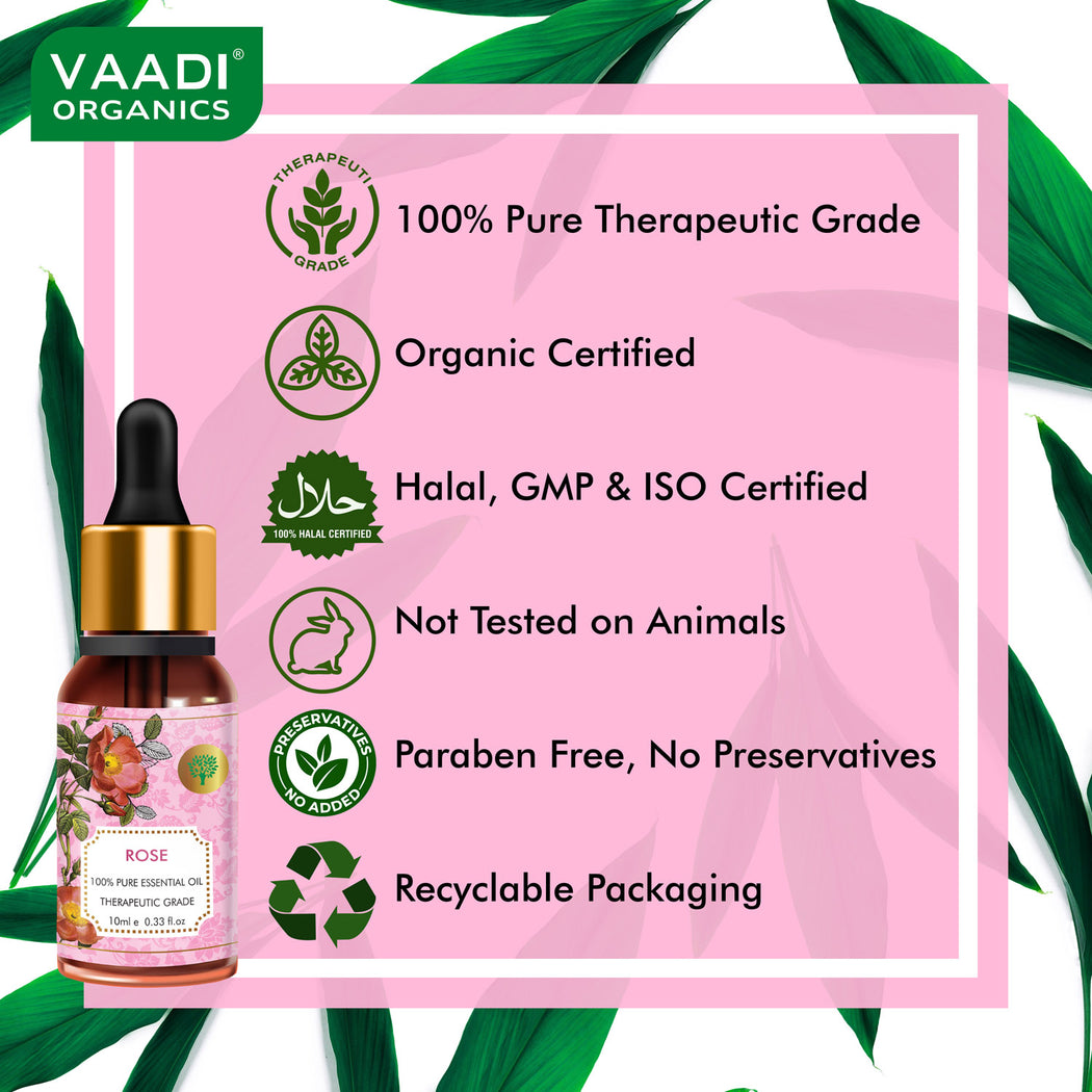 Organic Rose Essential Oil - Improves Complexion, Evens Skin Tone - 100% Pure Therapeutic Grade (10 ml)