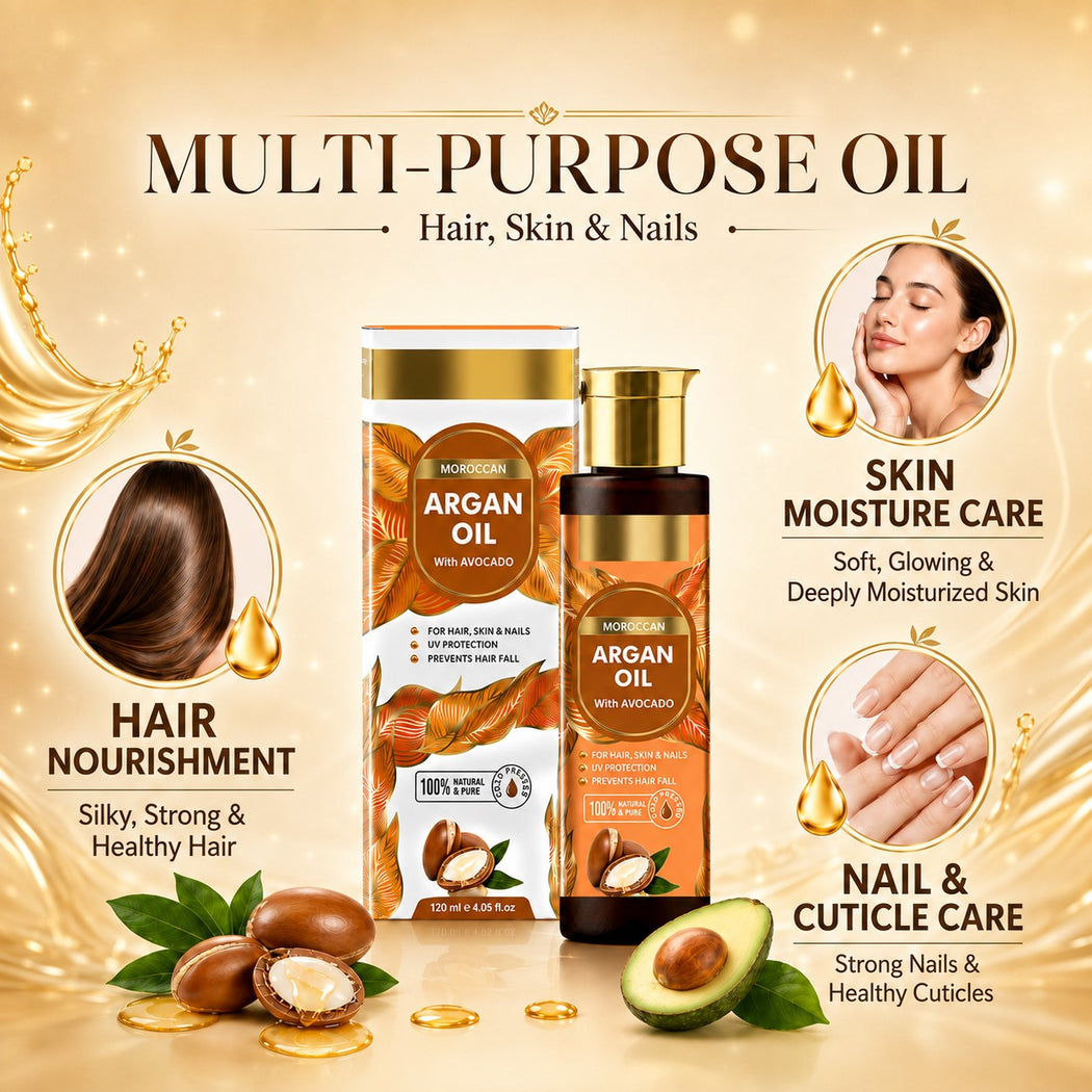 Organic Morrocon Argan Oil with Avocado - For Hair, Skin & Nails - Promotes Hair Growth - Skin Moisturisation - Healthy Nail Growth - UV Protection - Cold Pressed (120 ml / 4.05 oz)