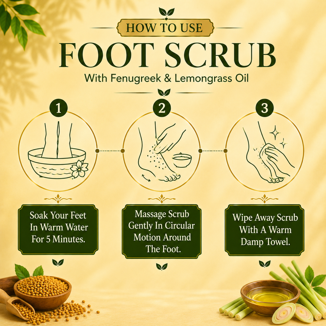 Organic Foot Scrub with Fenugreek & Lemongrass Oil - Therapeutic Exfoliates - Rejuvenates Damaged Skin - Softens Skin (2 x 110 gms / 4 oz)