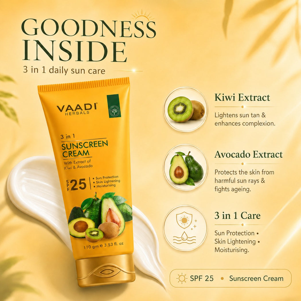 Organic Sunscreen Cream SPF 25 with Kiwi & Avocado Extract - Protects & Nourishes Skin - Enhances Complexion (2 x 110 gms / 4 oz)