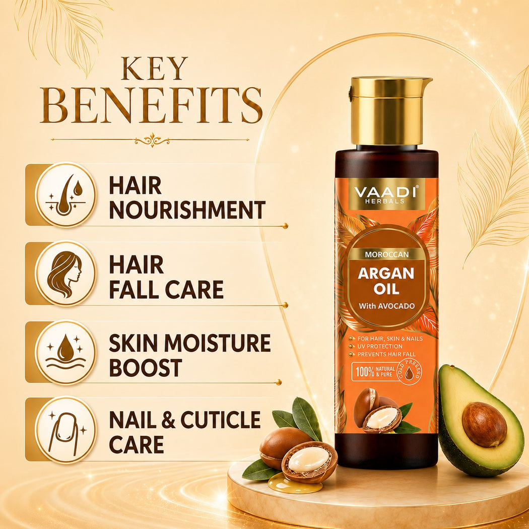 Organic Morrocon Argan Oil with Avocado - For Hair, Skin & Nails - Promotes Hair Growth - Skin Moisturisation - Healthy Nail Growth - UV Protection - Cold Pressed (120 ml / 4.05 oz)