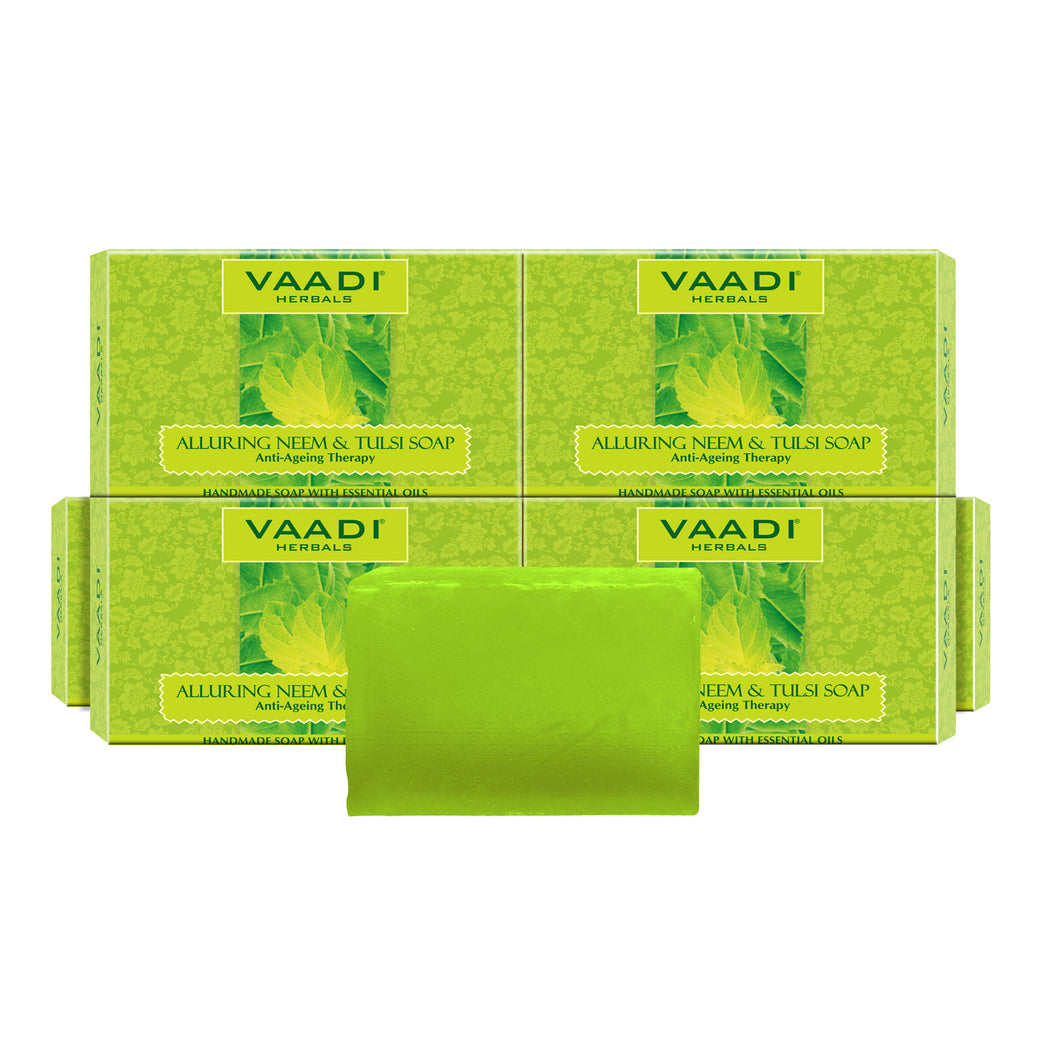 Organic Alluring Neem Tulsi Soap with Aloe Vera, Vitamin E & Tea Tree Oil - Prevents Ageing - Protects Skin (6 x 75 gms / 2.7 oz)