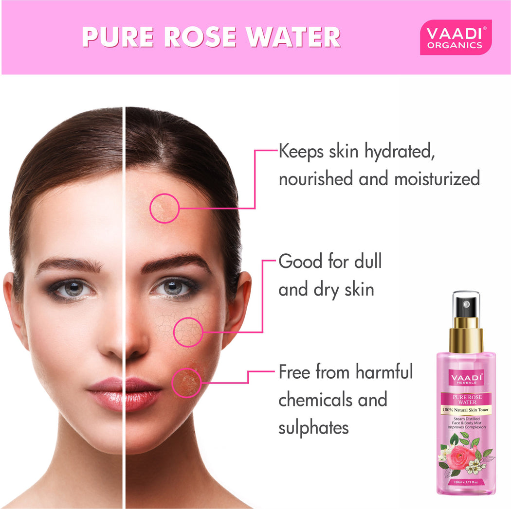 Pack of 3 Rose Water - 100% Natural & Pure (3 x 110 ml / 4 fl oz)