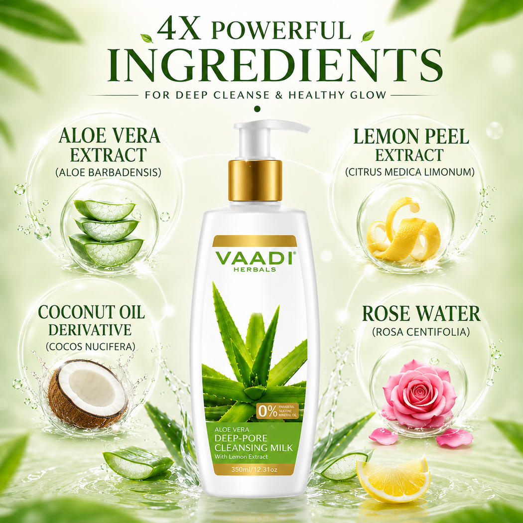 Organic Aloe Vera Deep Pore Cleansing Milk with Lemon Extract - Cleanses & Softens Skin - Locks In Moisture All Day (350 ml/ 12 fl oz)