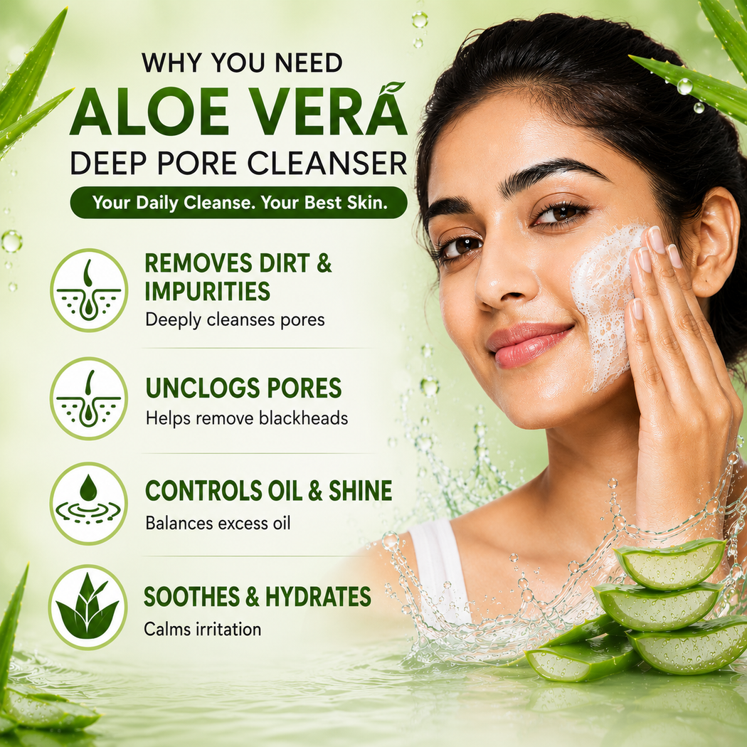 Organic Aloe Vera Deep Pore Cleansing Milk with Lemon Extract - Cleanses & Softens Skin - Locks In Moisture All Day (350 ml/ 12 fl oz)
