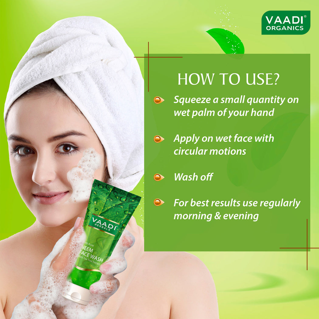 Anti Acne Organic Neem Face Wash with Tea Tree Extract - Controls Acne - Heals Skin ( 4 x 60 ml/2.1 fl oz)