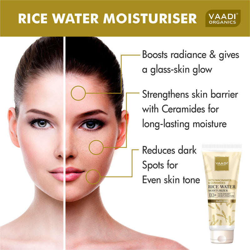 Rice Water Moisturizer with Niacinamide & Ceramides - B3+ | Oil-Control| Matte & Non-Greasy Hydration| Glass Skin Look (60 ml)