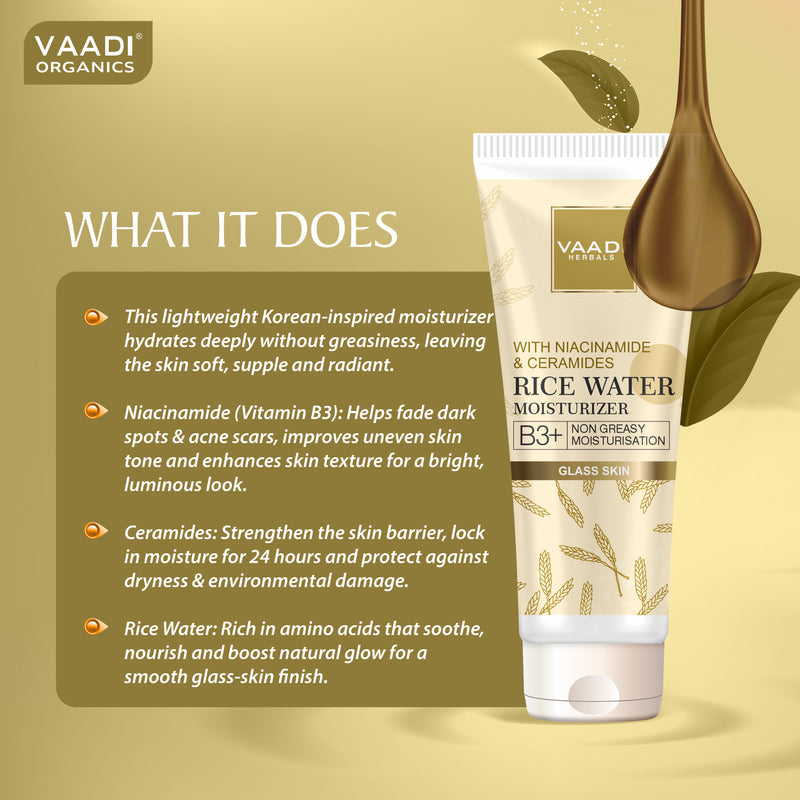 Rice Water Moisturizer with Niacinamide & Ceramides - B3+ | Oil-Control| Matte & Non-Greasy Hydration| Glass Skin Look (60 ml)