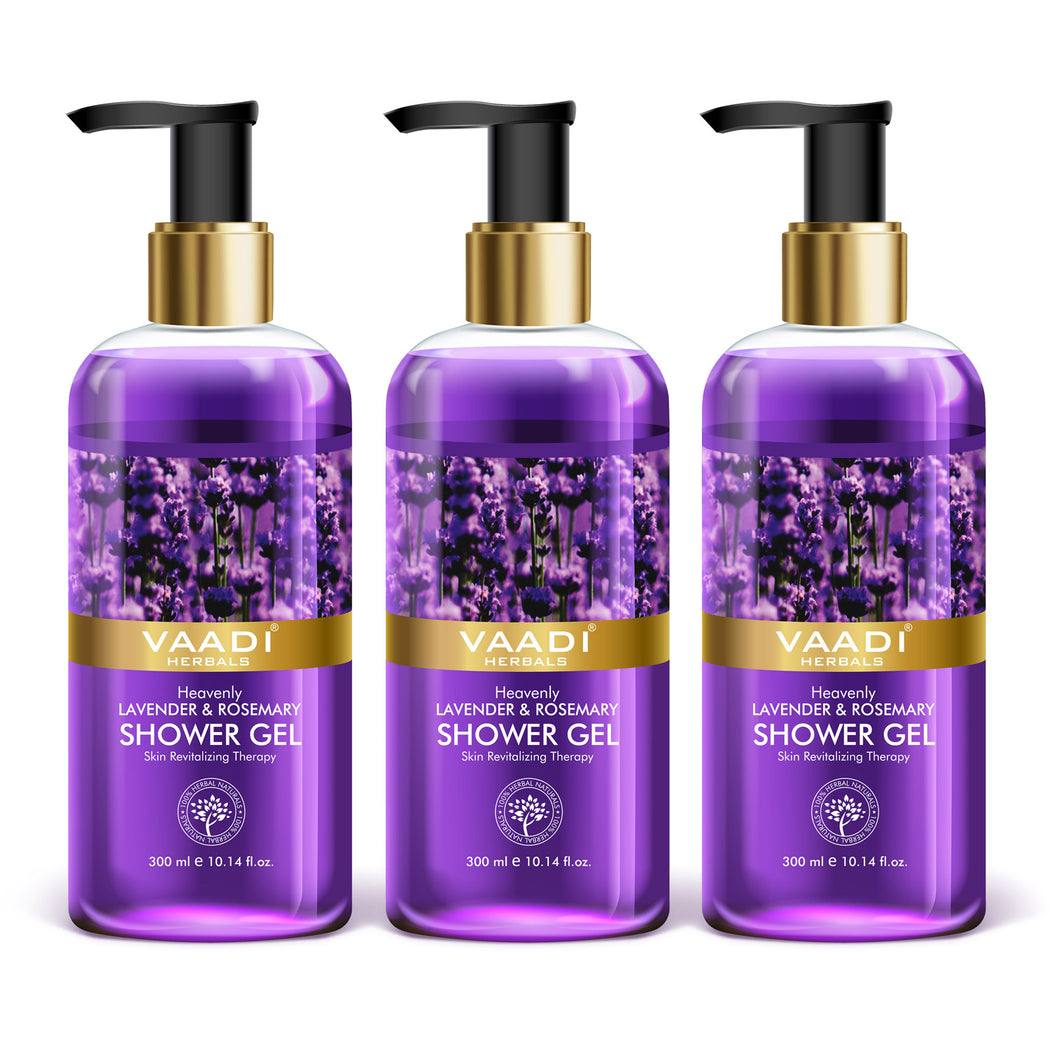 Heavenly Organic Lavender & Rosemary Shower Gel - Skin Rejuvenating Therapy - Relieves Puffiness (3 x 300 ml / 10.2 fl oz)