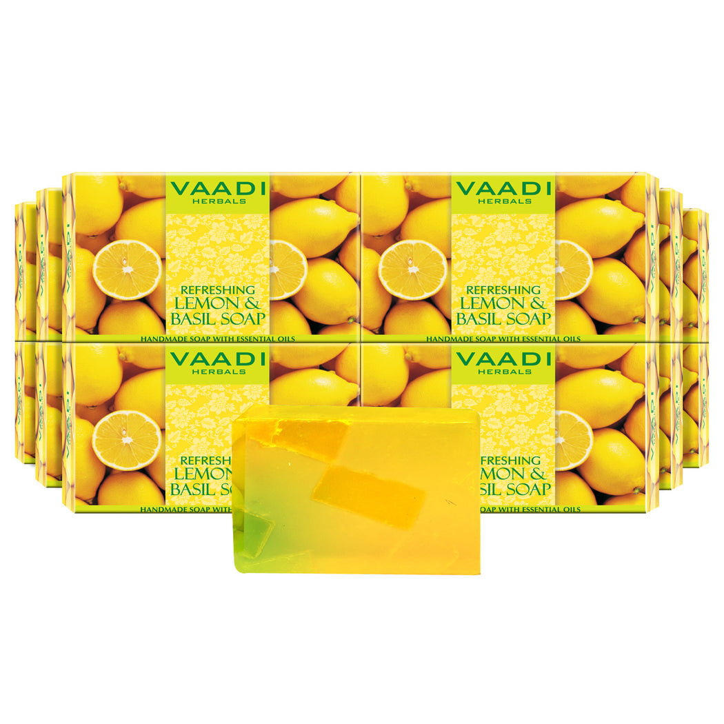 Refreshing Organic Lemon & Basil Soap - Tones & Brightens Skin - Detoxifies Skin Deep (12 x 75 gms / 2.7 oz)