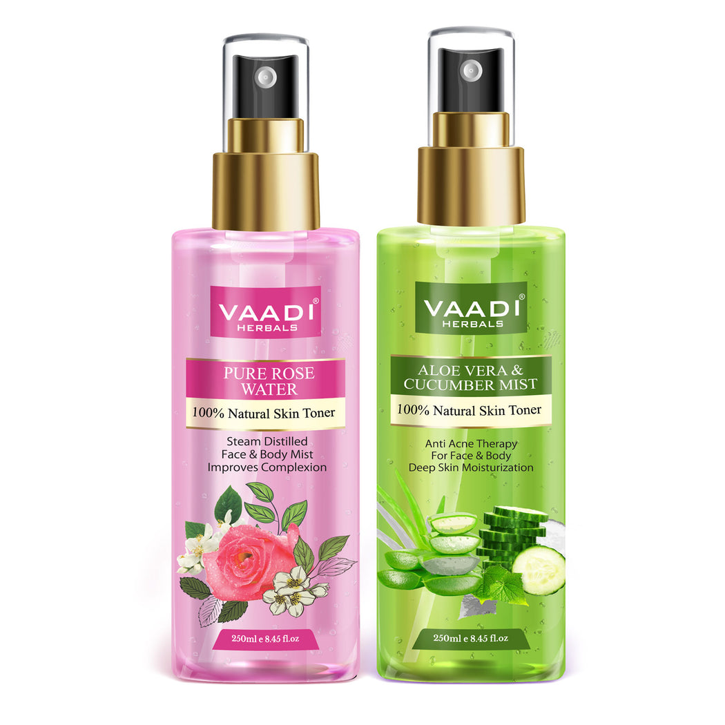 Pack of 2 - Rose Water And Aloe Vera Cucumber Mist - 100% Natural & Pure (250 ml x 2)