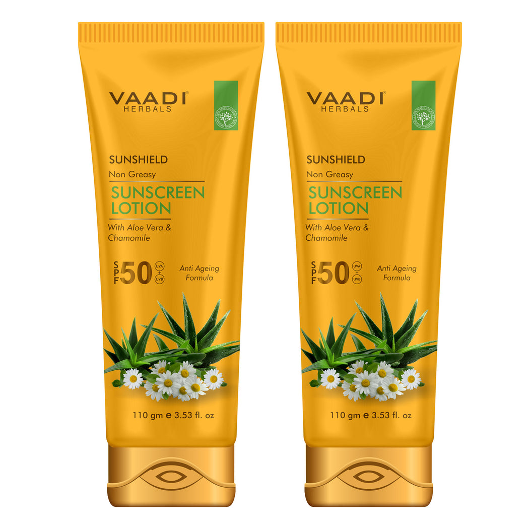 Organic Sunscreen Lotion SPF 50 with Aloe Vera & Chamomile - Non Greasy - Long Lasting - Soothes Burnt Skin (2 x 110 ml/ 4 fl oz)