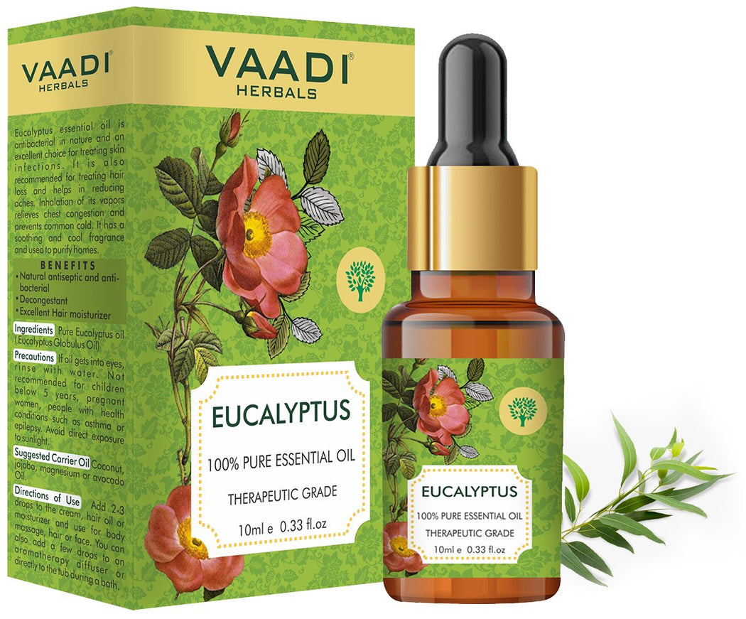 Organic Eucalyptus Essential Oil - Prevents Hairfall, Acne, Soothing & Cool Fragrance - 100% Pure Therapeutic Grade (10 ml/ 0.33 oz)