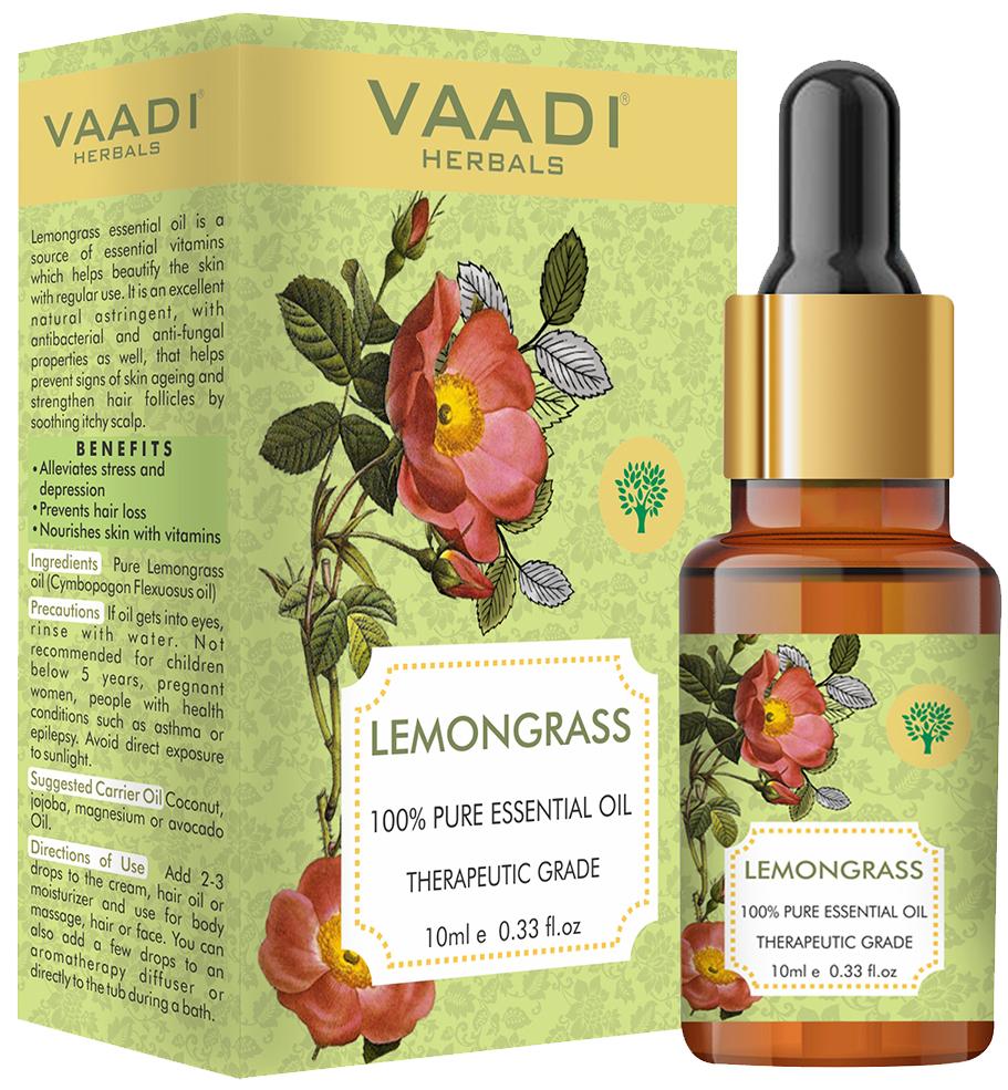 Organic Lemongrass Essential Oil - Reduces Stress & Depression, Prevents Hairfall, Prevents Skin Ageing - 100% Pure Therapeutic Grade (10 ml/ 0.33 oz)