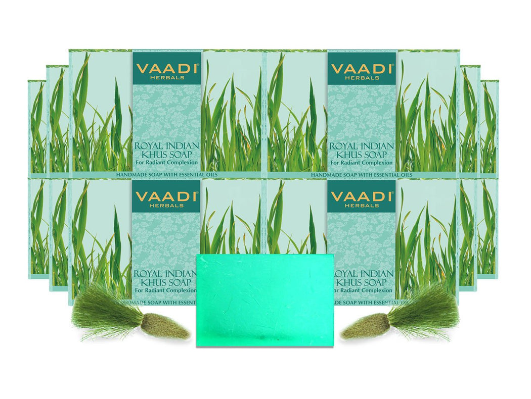 Royal India Organic Khus (Vetiver) Soap with Olive & Soyabean Oil - Rejuvenates Skin - Boosts Cellular Renewal (12 x 75 gms / 2.7 oz)