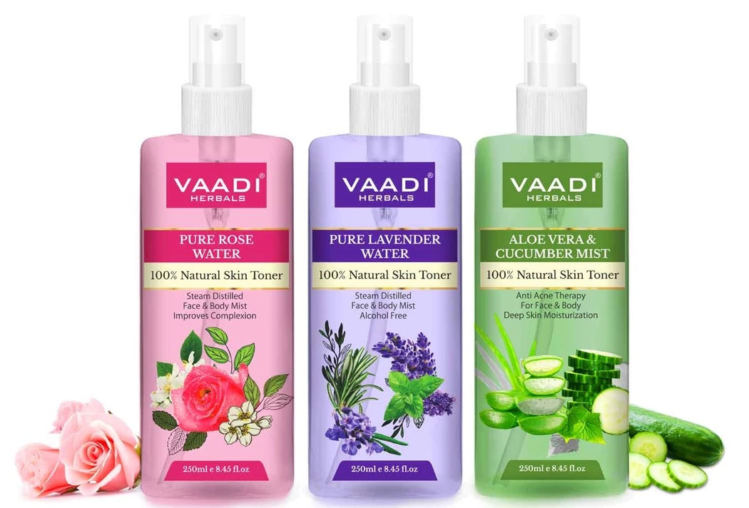 Pack of 3 Skin Toners - Rose Water, Lavender Water and Aloe Vera & Cucumber Mist - 100% Natural & Pure (3 x 250 ml / 8.5 fl oz)