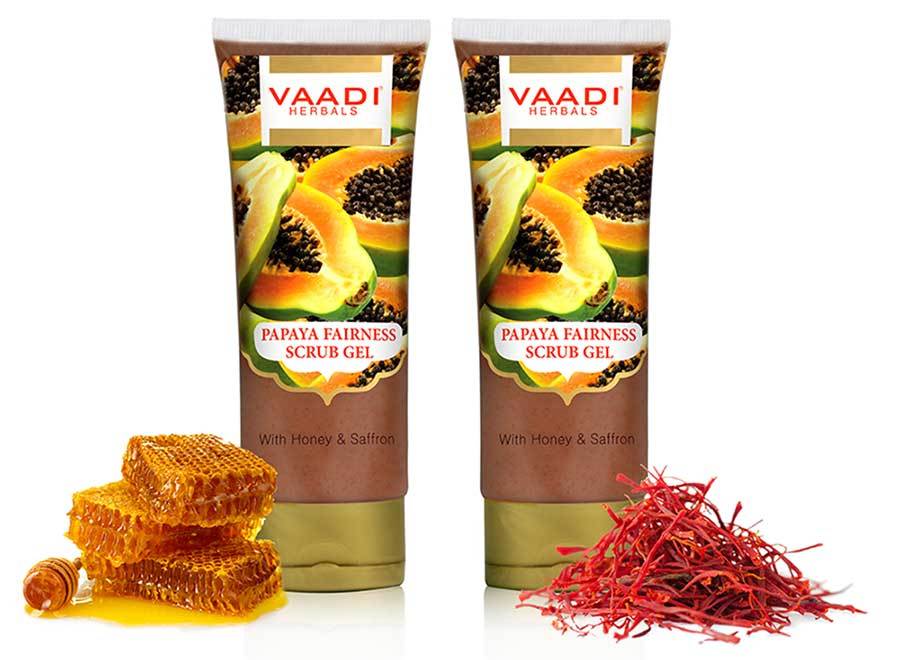 Organic Papaya Fairness Scrub Gel with Honey & Saffron - Lightens Tan - Smoothens Skin Texture - Makes Skin Flawless (2 x 110 gms / 4 oz)