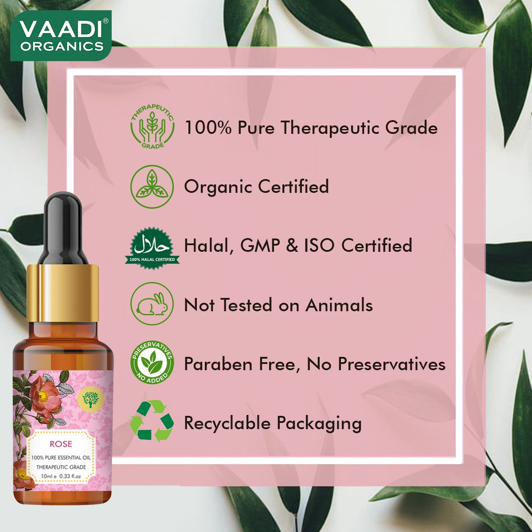 Organic Rose Essential Oil - Improves Complexion, Evens Skin Tone - 100% Pure Therapeutic Grade (10 ml)