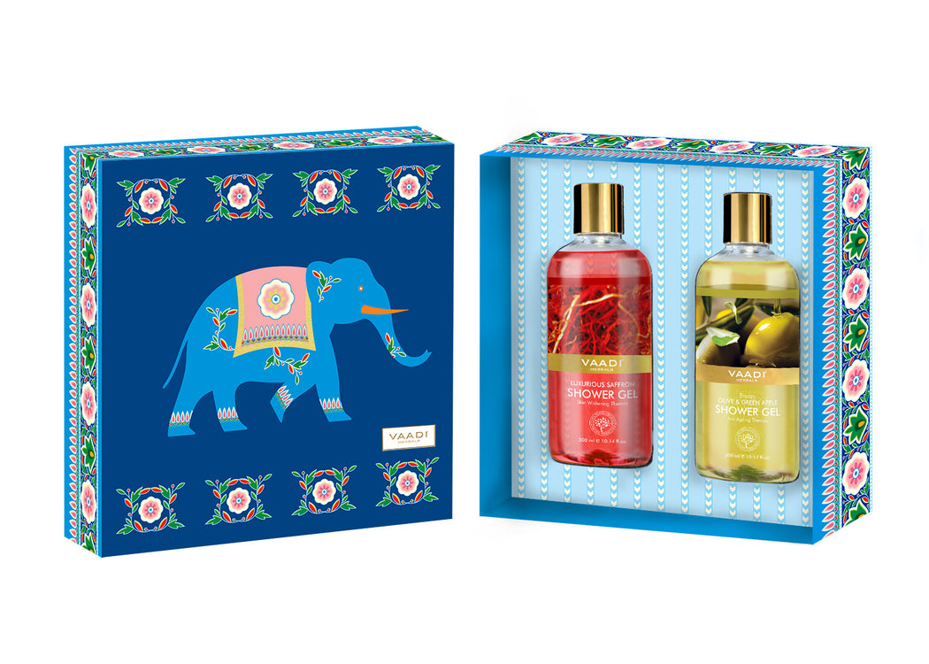 Royal India Organic Shower Gels Gift Box - Luxurious Saffron &  Olive & Green Apple Shower Gel 300 ml - Exotic Bathing Experience