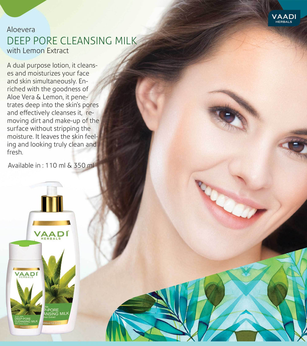 Organic Aloe Vera Deep Pore Cleansing Milk with Lemon Extract - Cleanses & Softens Skin - Locks In Moisture All Day (3 x 110 ml/ 4 fl oz)
