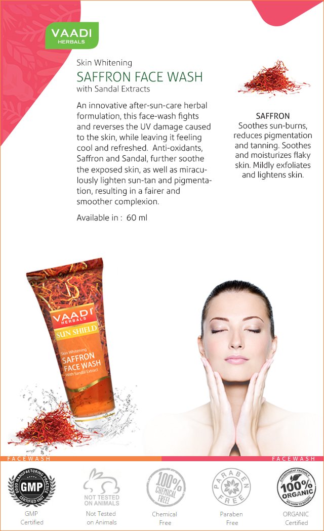 Skin Whitening Organic Saffron Face Wash with Sandalwood - Protects Skin from Sun - Lightens Pigmentation (60 ml/2.1 fl oz)