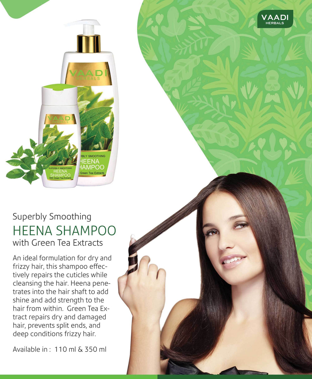 Superbly Smoothing Organic Heena Shampoo with Green Tea Extract - Controls Dry Frizzy Hair - Strengthens Hair (350 ml/12 fl oz)