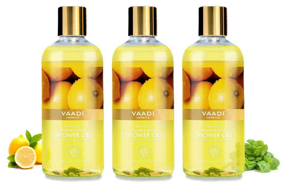 Refreshing Organic Lemon & Basil Shower Gel - Skin Detoxifying - Brightens Skin (3 x 300 ml / 10.2 fl oz)