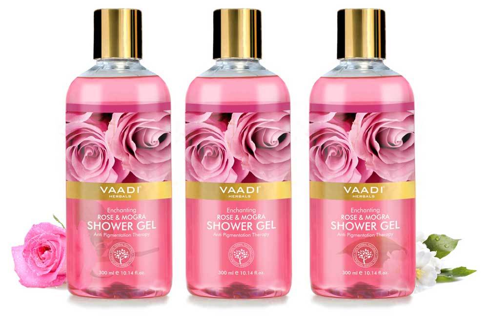 Enchanting Organic Rose & Mogra Shower Gel - Skin Brightening Therapy - Lightens Spots & Patches (3 x 300 ml / 10.2 fl oz)